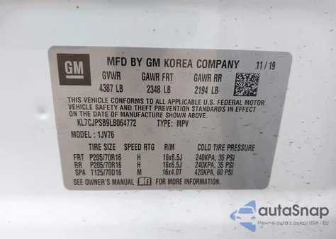 2020 Chevrolet Trax Awd Lt from USA, damaged, VIN KL7CJPSB9LB064772